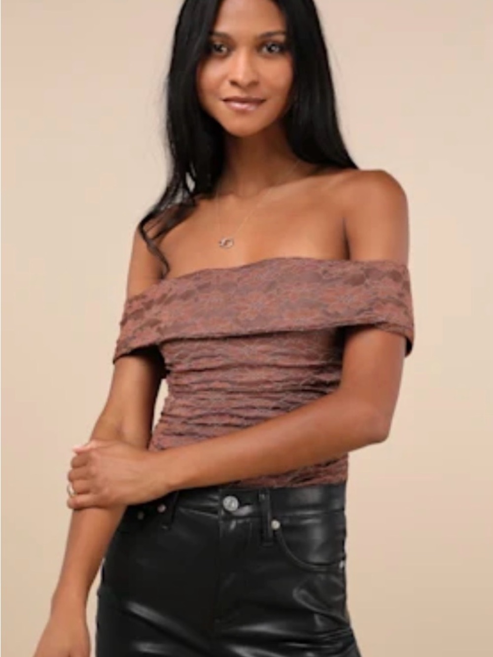 Off-Shoulder Rust Brown Ruched bodysuit